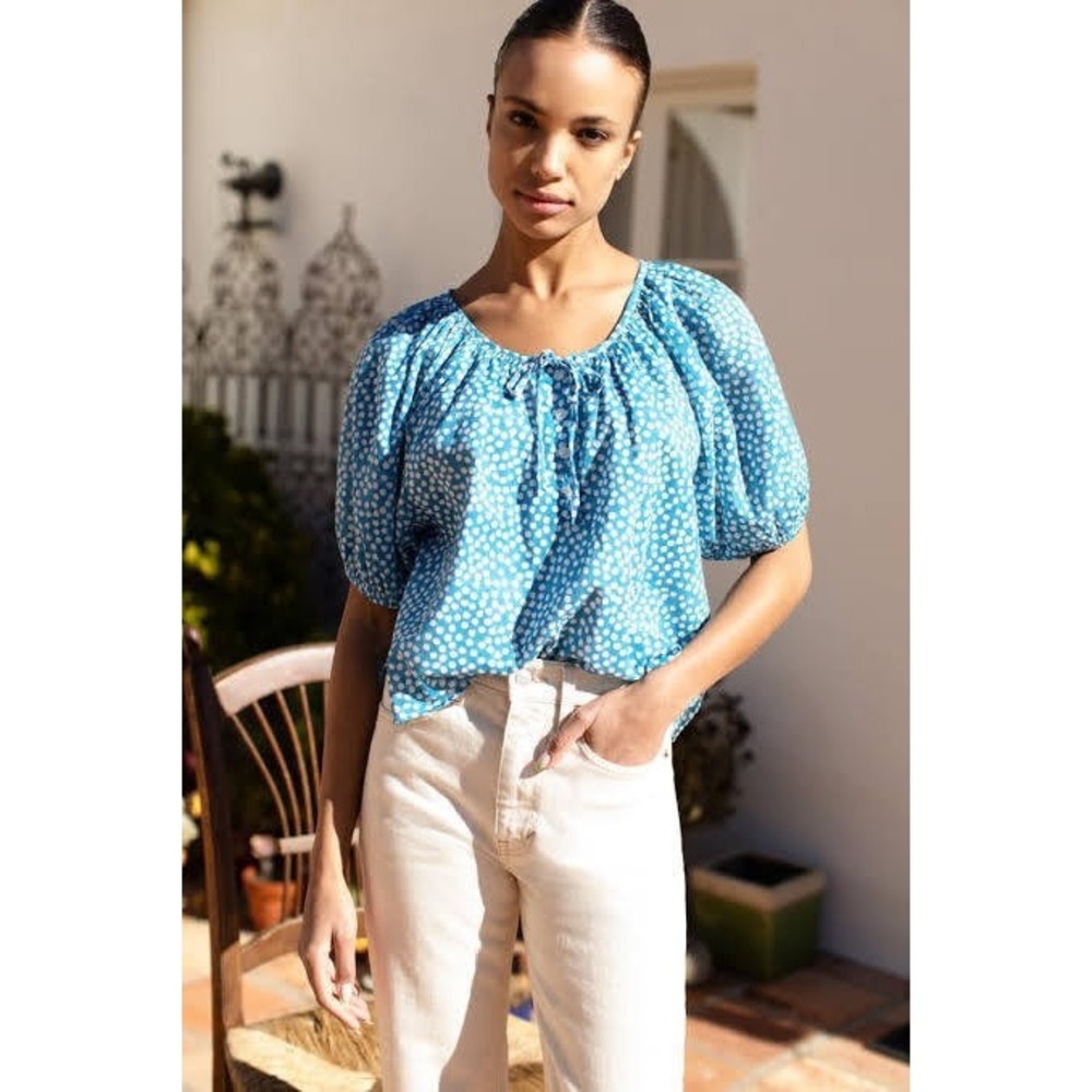Emerson Fry Top Luie XS Blue Painterly Dots Organic Cotton Puff Sleeve Boho